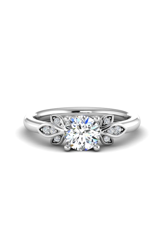 ry 1.7 Ct Round Cut Moissanite Pave Leaf Engagement Ring for Women - 14K White Gold Plated Solitaire Ring with Diamond Leaf Design - Engagement Jewelry for Weddings