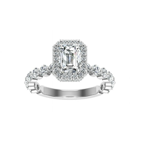 Spot Jewel 1.8 Ct Lab-Grown Diamond Engagement Ring - 14K White Gold Plated Emerald Cut Halo Solitaire with Accents - Perfect Gift for Her to Celebrate Your Love Journey