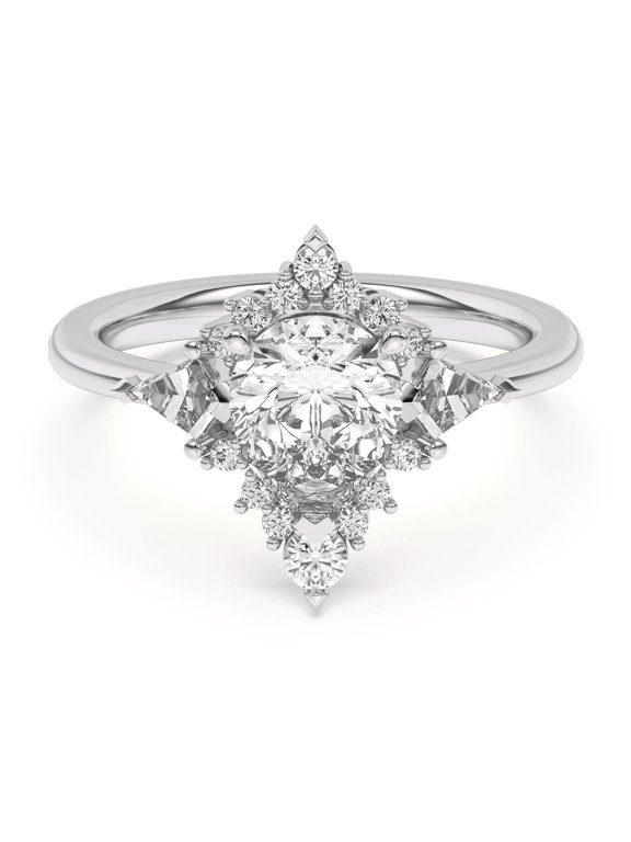 ry 1.8 Ct Pear Cut Moissanite Solitaire Ring with Kite Halo Design - 14K White Gold Plated Wedding Jewelry for Her