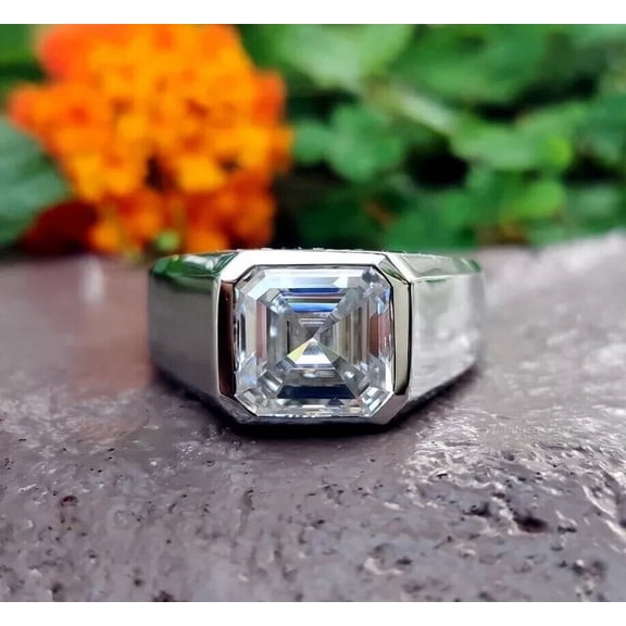 Spot Jewelry 14K White Gold Plated 2.2 Ct Men's Ring - Moissanite Asscher Cut Diamond Ring - Bezel Set Ring for Women - One Stone Ring for Women - Fine Solitaire Engagement Wedding Ring