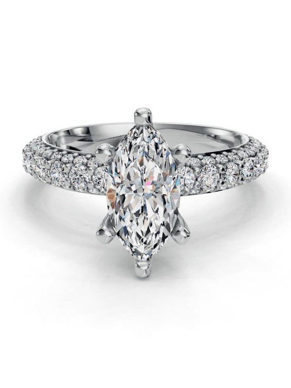 ry 14K White Gold Plated Rolled Pave Engagement Ring with 2.3 Ct Marquise Cut Moissanite - Solitaire Wedding Ring for Her