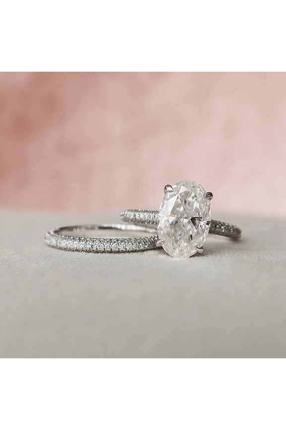 Oval Cut Excellent 3 Ct Diamond Ring for Women - 14K White Gold Plated Wedding Anniversary Ring - Bridal Set Solitaire with Accents Ring for Women - Eternity Diamond Bands for Her