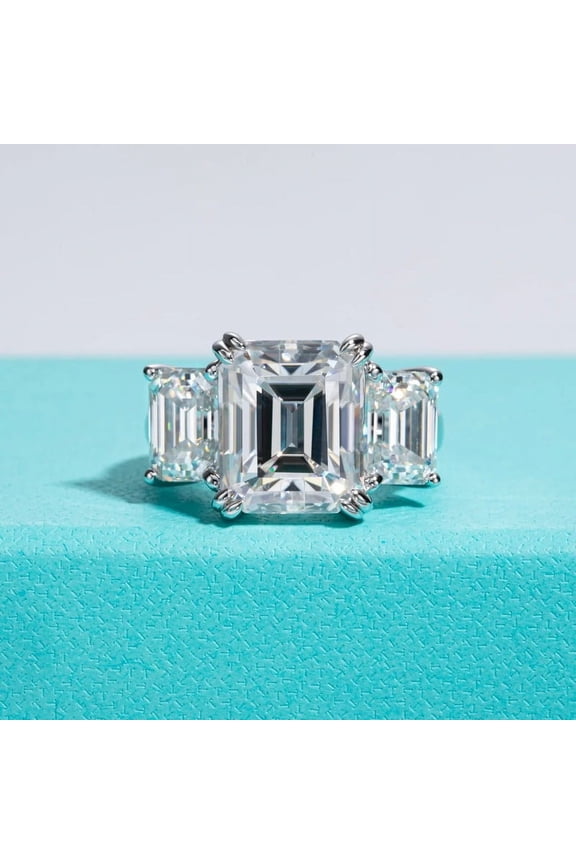 ry Prong Set 2.6 Ct Emerald Cut Moissanite Three Stone Anniversary Ring - 14K White Gold Plated Ring - 50th Wedding Anniversary Gifts - Daughters Gifts for Her