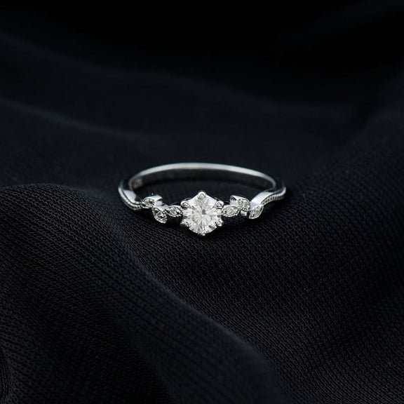 Spot Jewelry Stamped 14K Silver Stackable Engagement Ring - 1.5 Ct Moissanite Round Cut Engagement Ring - Milgrain Dainty Women's Wedding Ring - Solitaire with Accents Ring