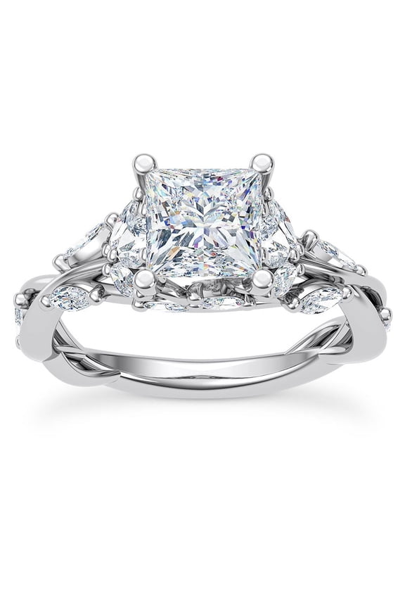 ry Twisted Vine Solitaire Diamond Ring - 1.8 Ct Moissanite Princess Cut Diamond with Accent Stones - 14K White Gold Plated Wedding & Engagement Jewelry - Stylish Design for Her