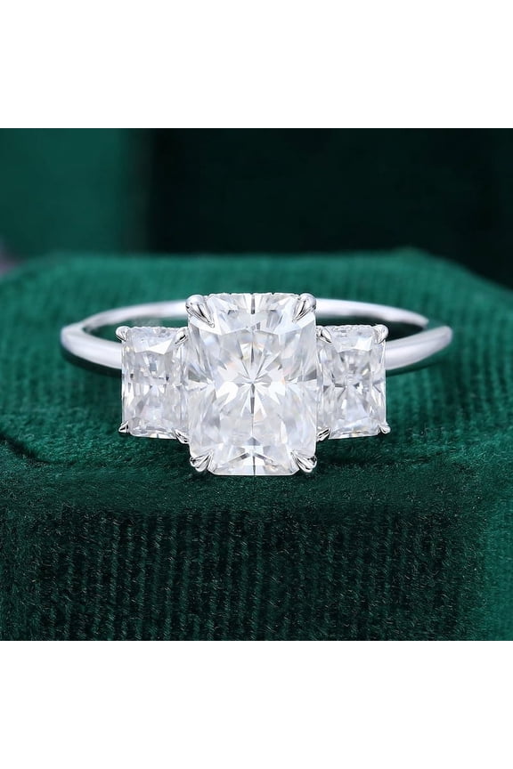 ry White Gold Plated 14K Diamond Ring - Radiant Cut Excellent 2.1 Ct Diamond Ring for Women - 3 Stone with Hidden Halo Diamond Ring - Engagement Hidden Halo Ring - Elegant Jewelry