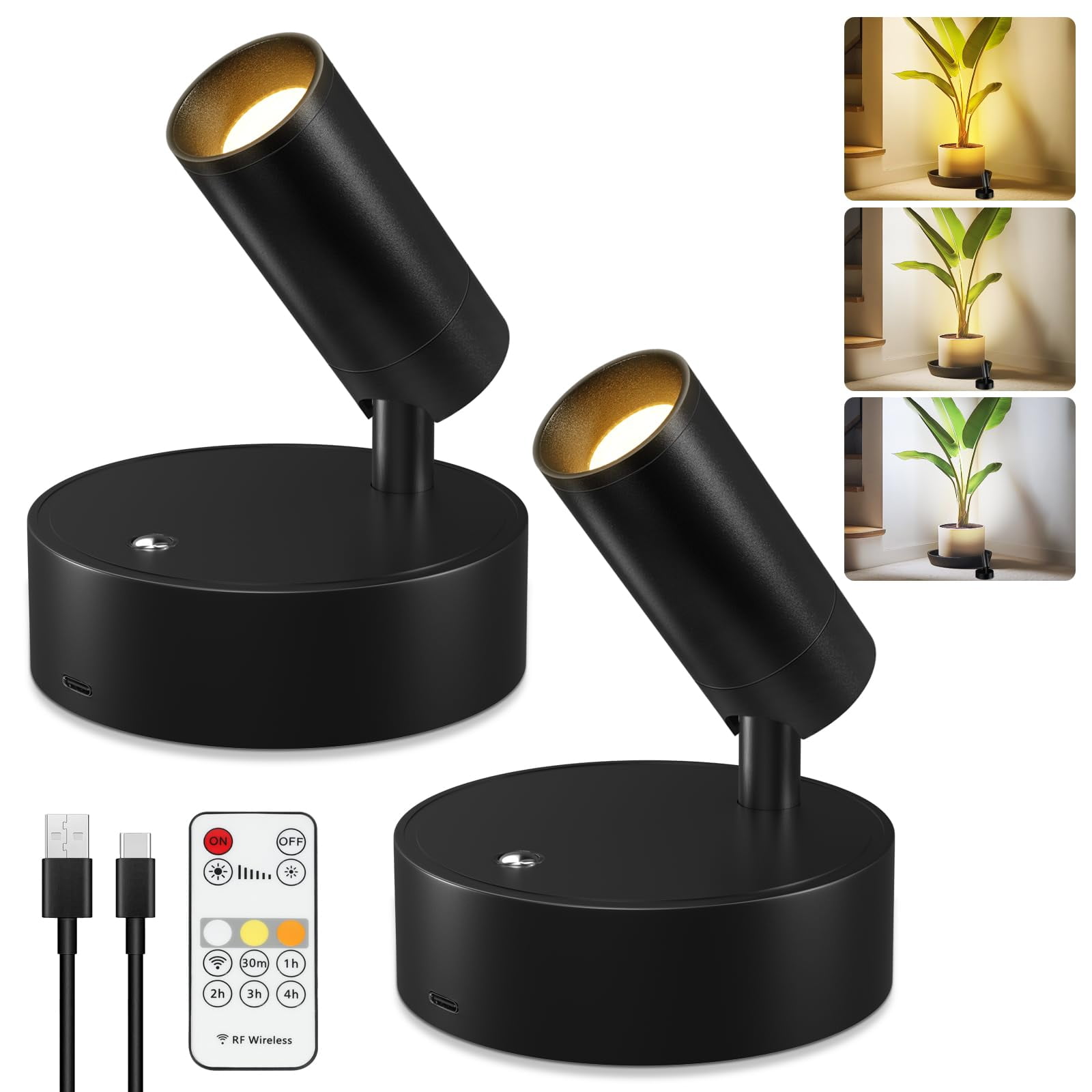 Spot Lights Indoor, Rechargeable Plant Spotlight Indoor, Wireless LED Up Lights Accent Lighting with Timer and Dimmable, Battery Powered Picture Light