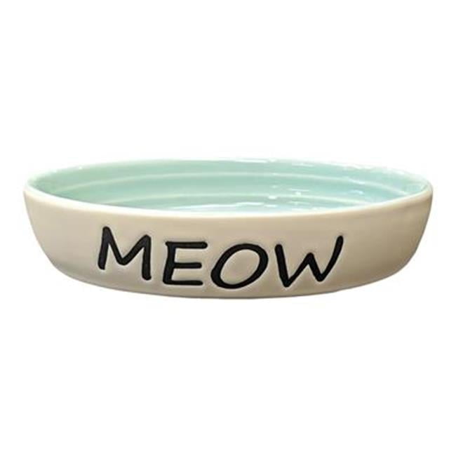 Oval Green and White Stoneware Cat Dish 6 Inch