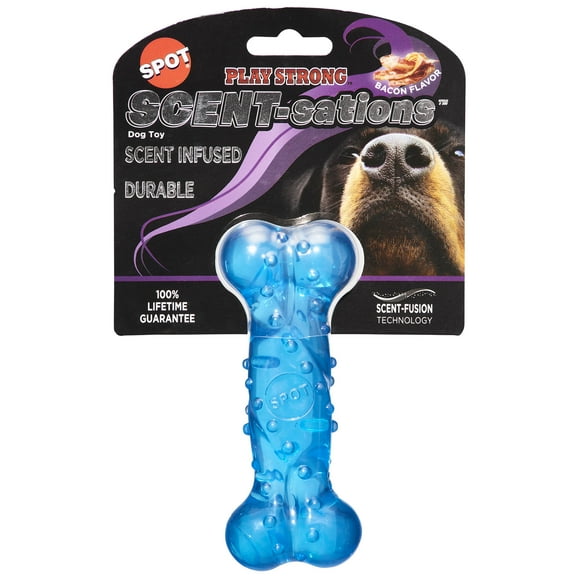 SPOT Play Strong Scent-Sations Rubber Bones for Dogs, Ideal for Aggressive Chewers up to 45lbs, for Puppies & Medium Breeds, Bacon Flavored, 6in