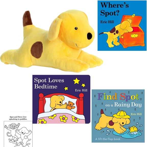 Spot Puppy Dog Gift Set Includes 3 Board Books by Eric Hill (Where's Spot?; Spot Loves Bedtime; Find Spot on a Rainy Day), Book Buddy Plush, and Coloring Page (Funny Adventures and Sweet Dreams)