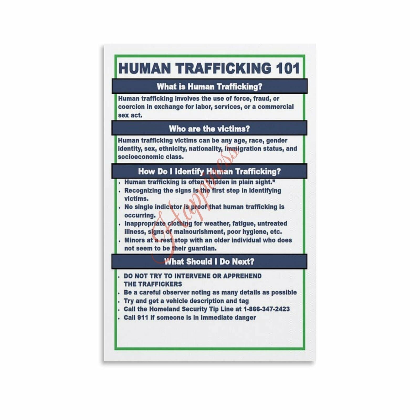 Spot The Signs of Human Trafficking Poster Awareness Guide Wall Art (6 ...