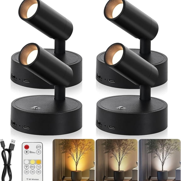 Spotlight Indoor, Wireless Uplighting Indoor with Remote Dimmable, 350 Rotate, Battery Powered Ceiling Spotlight for Artwork Painting Tree Plant Picture Lights, 4 Pack