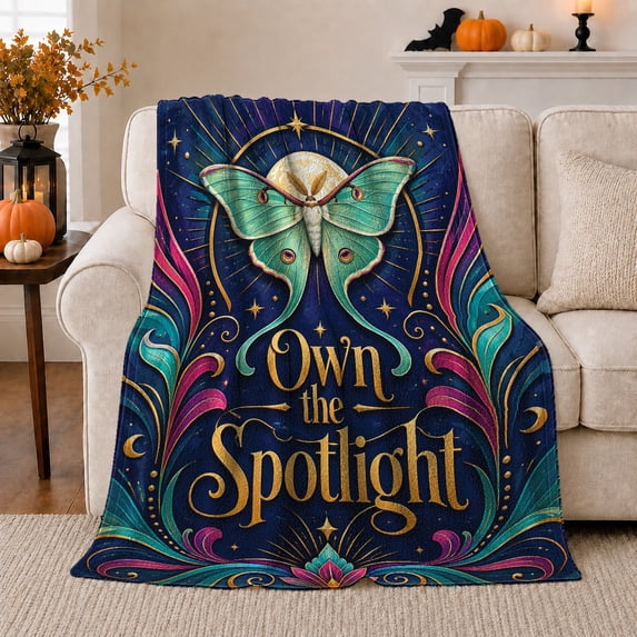 Own Spotlight Luna Moth Celestial Art, Cozy Typography Art Scene, Warm Flannel Blanket for Living Room and Reading Nook, Art Lovers Housewarming Gift, Fantasy Home Decor