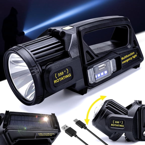 Spotlight Rechargeable Flashlight High Lumen 2,000,000L, 9 Modes 350? Rotatable Super Bright Led Spot Lights Outdoor Handheld with Solar & USB C, Long Lasting, for Camping