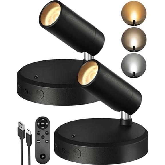 Spotlights Indoor with Remote, 5500mAh Rechargeable Picture Lights, Wireless LED Uplighting with Timer&Dimmable, 3CCT, Display Lights for Plant Painting, Artwork, Accent Lighting (2Pack-Black)