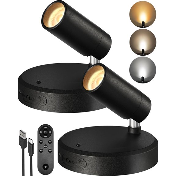Spotlights Indoor with Remote, 5500mAh Rechargeable Picture Lights, Wireless LED Uplighting with TimerDimmable, 3CCT, Display Lights for Plant Painting, Artwork, Accent Lighting (2Pack-Black)