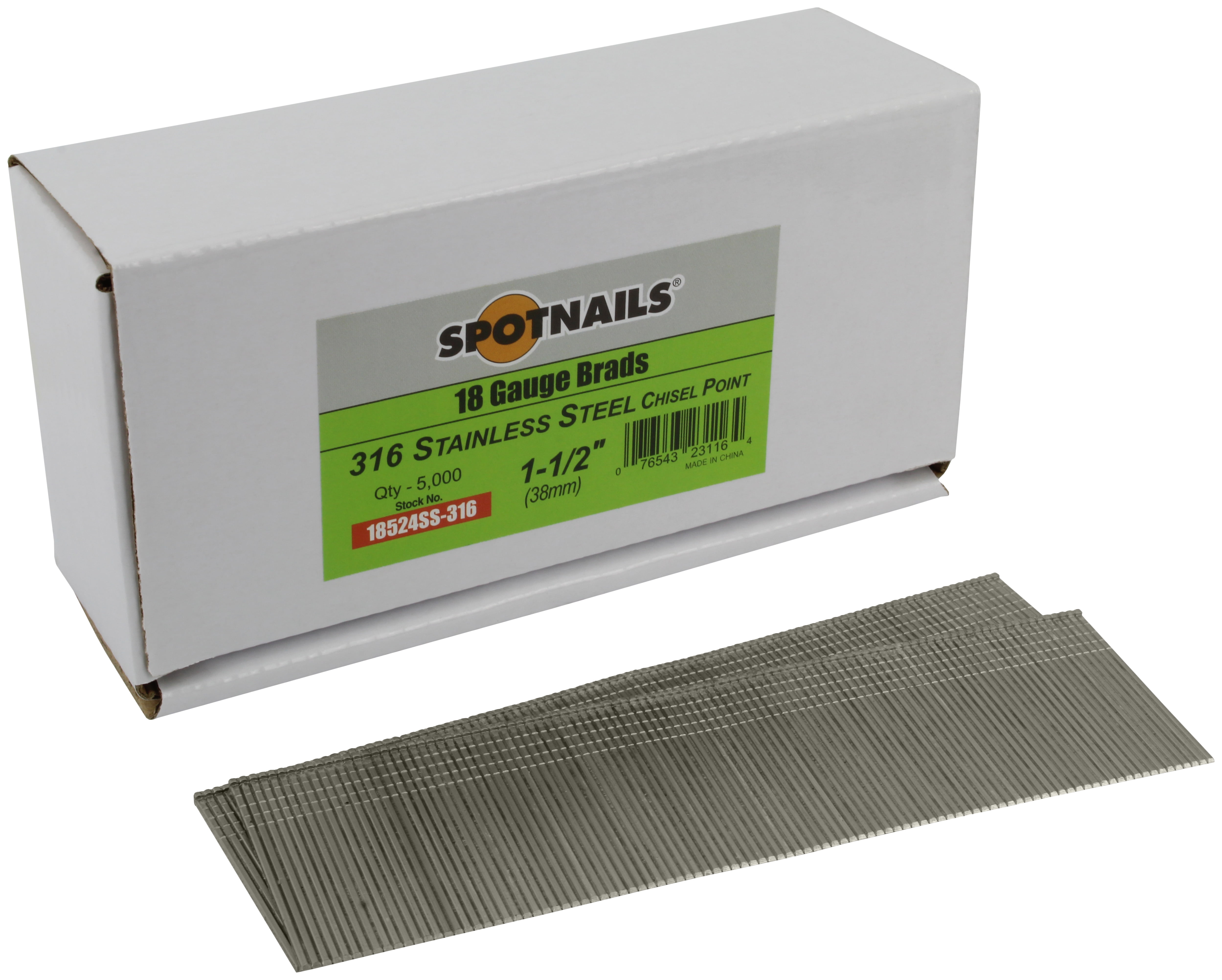 Spotnails 1-1/2" 18 Gauge Stainless Steel Brad Nails - 5,000 Count Box For Finish Nailers