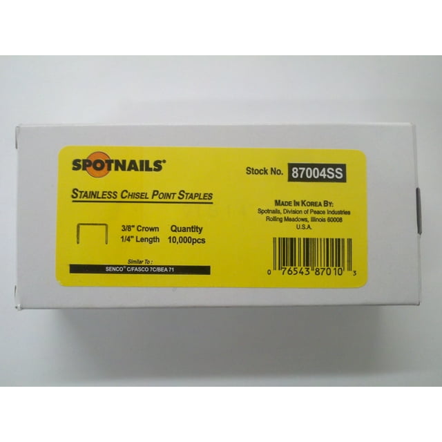 Spotnails 87004SS 3/8" Crown 304 SS Staples 1/4" Leg 10000/Box
