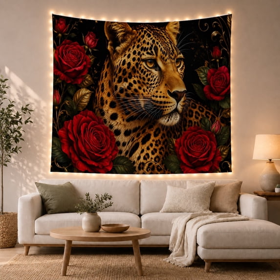 Spotted Big Cat with Red Roses Against a Black Background, Romantic Gothic for Wildlife Lovers, Feline Portrait Wall Art, Housewarming Gift, Tapestry Wall Hanging for Living Room and Bedroom