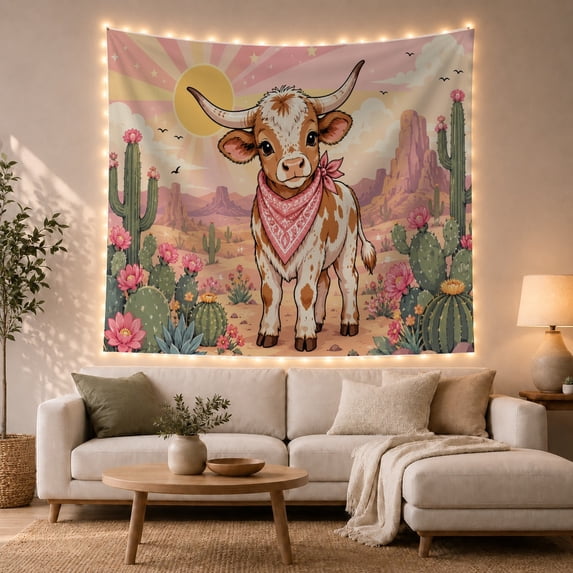 Spotted Calf with Paisley Bandana on Sandy Desert Mesa, Whimsical Folk Art for Teen Girls, Western Ranch Decor, Birthday Gift, Tapestry Wall Hanging for Bedroom and Dorm