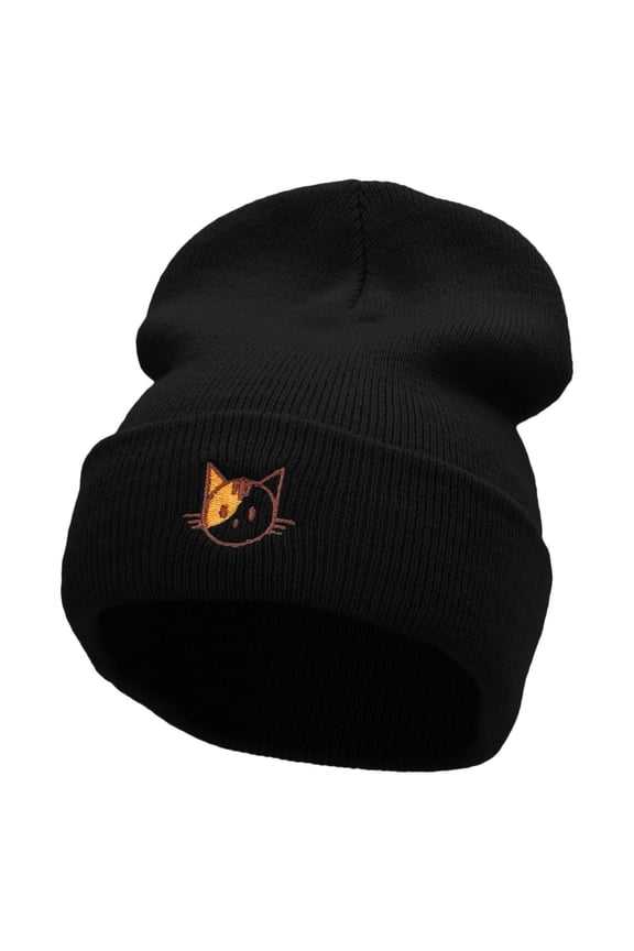 Spotted Cat Embroidered 12 Inch Long Knitted Beanie - Black OSFM