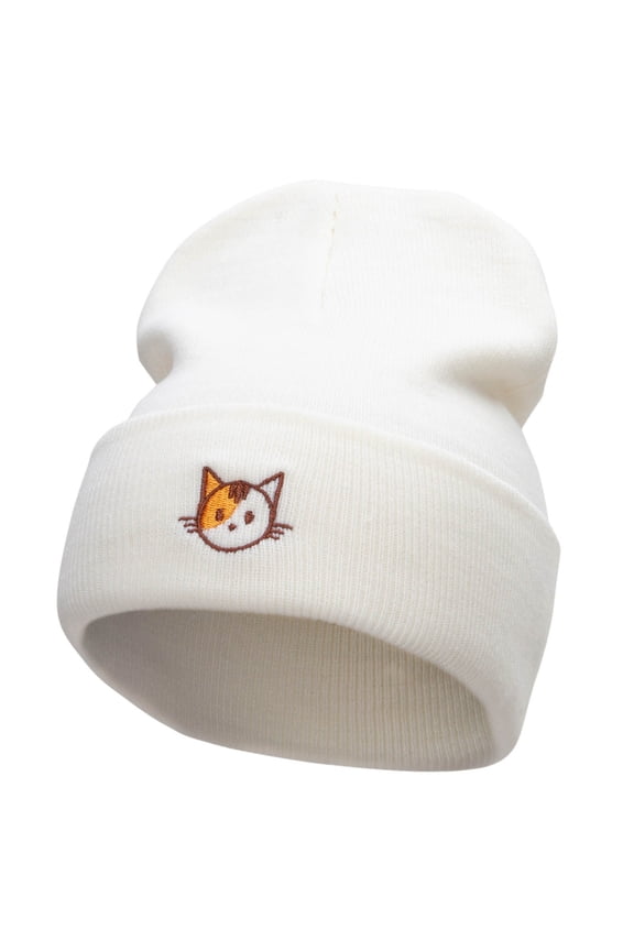 Spotted Cat Embroidered 12 Inch Long Knitted Beanie - White OSFM