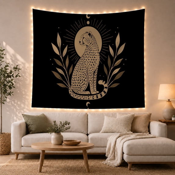 Spotted Cheetah Seated Among Curved Laurel Leaves, Serene Minimalist Botanical Illustration Style, for Home Decor Enthusiasts, Thoughtful Gift, for Bedroom and Living Room, Tapestry and Wall Hanging