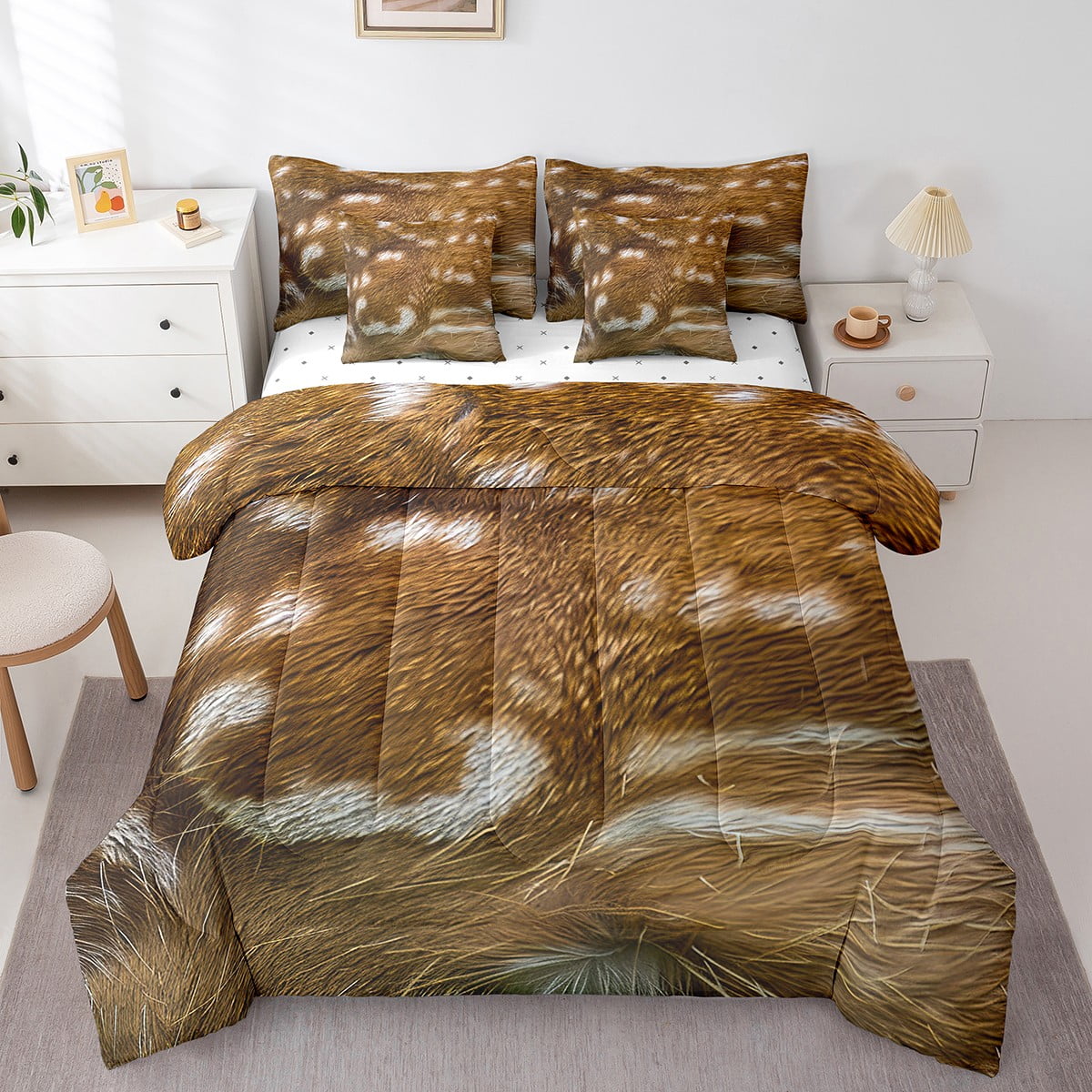 Spotted Deer Bed in a Bag King Size Comforter Set 7 Pieces,3D Elk Deer