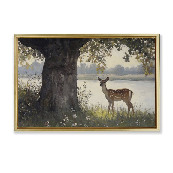 Stupell Industries Spotted Doe by Lake Gold Framed Floater Canvas Wall Art, design by Franklyn Gregory