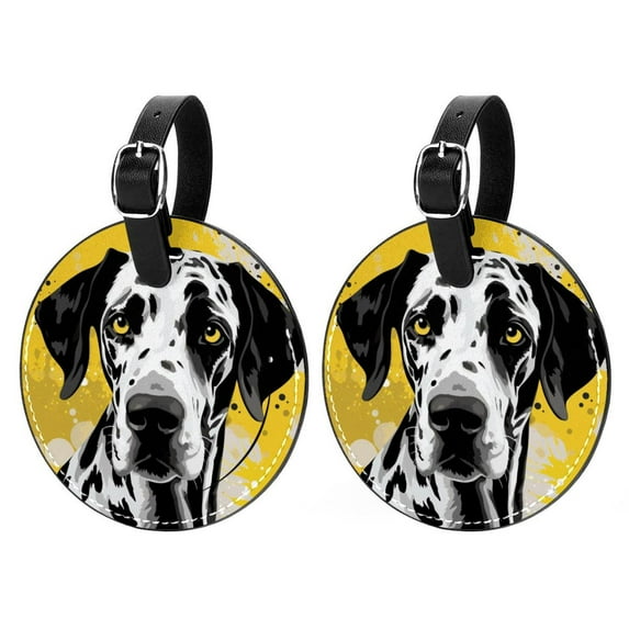 Spotted Dog 2Pcs PU Leather Round Luggage Tags with Privacy Cover and Name ID Tag for Suitcase, Handbags, Backpacks, School Bags