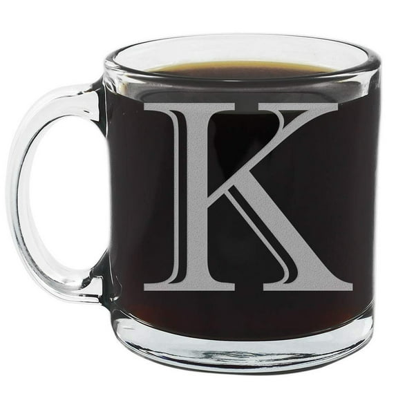 Spotted Dog Company Etched Monogram 12oz Clear Glass Coffee Mug (Letter K), A-Z Customized Coffee Gifts for Coffee Lovers, Custom Engraved Gifts for Women Her, Personalized Gift for Men, Initial