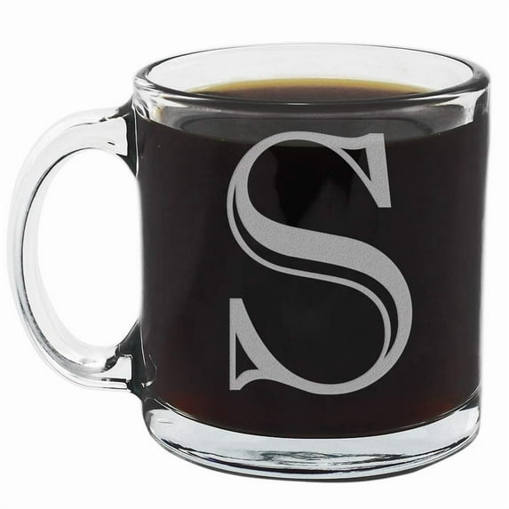 Spotted Dog Company Etched Monogram 12oz Clear Glass Coffee Mug (Letter S), A-Z Customized Coffee Gifts for Coffee Lovers, Custom Engraved Gifts for Women Her, Personalized Gift for Men, Initial