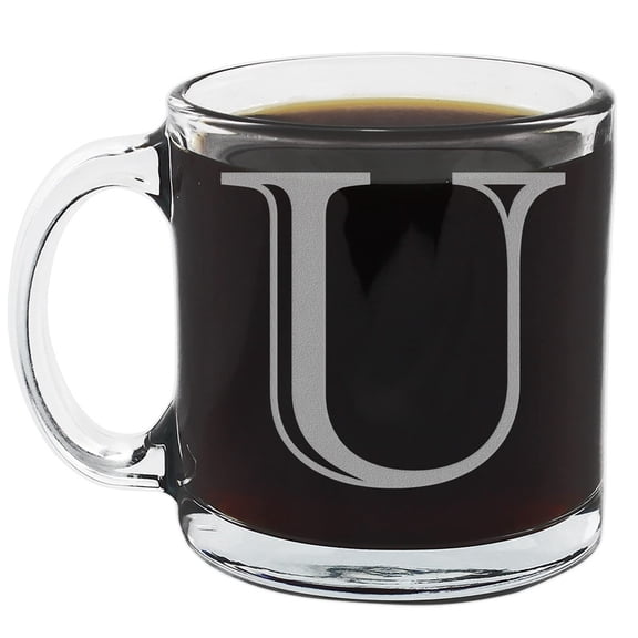 Spotted Dog Company Etched Monogram 12oz Clear Glass Coffee Mug (Letter U), A-Z Customized Coffee Gifts for Coffee Lovers, Custom Engraved Gifts for Women Her, Personalized Gift for Men, Initial