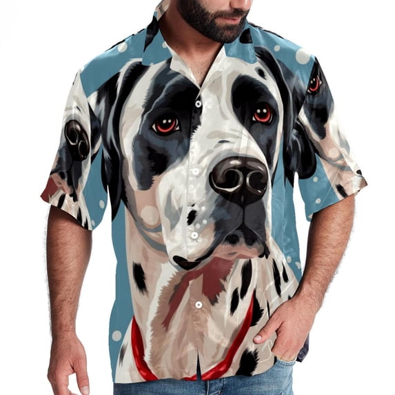 Spotted Dog Men's Casual Printed Poplin Short Sleeve Button Down Beach Shirt with Spread Collar Top