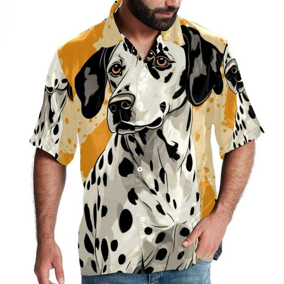 Spotted Dog Men's Short Sleeve Button Down Poplin Hawaiian Shirt for Summer Beach, Casual Printed Unisex Style