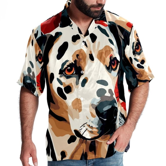 Spotted Dog Men's Short Sleeve Hawaiian Beach Shirts, Casual Printed Button Down Spread Collar Tops, Summer Unisex Style