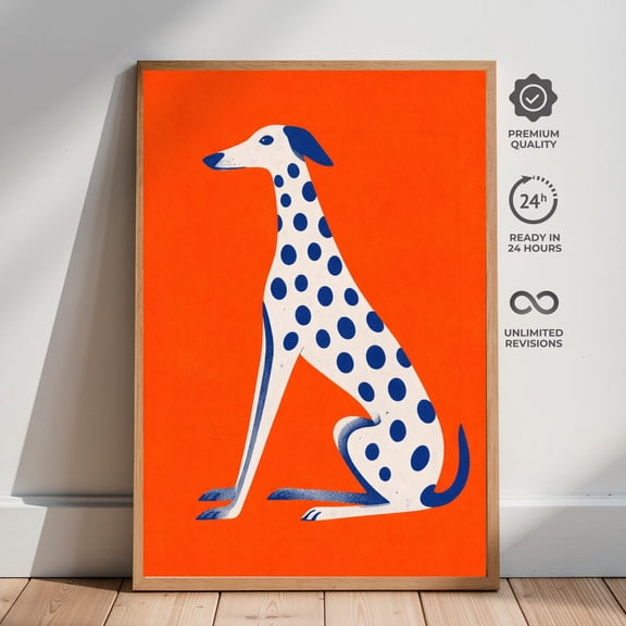 Spotted Dog, Orange Background, Whimsical Pet Illustration, Modern Animal Art Poster Wall Art Print