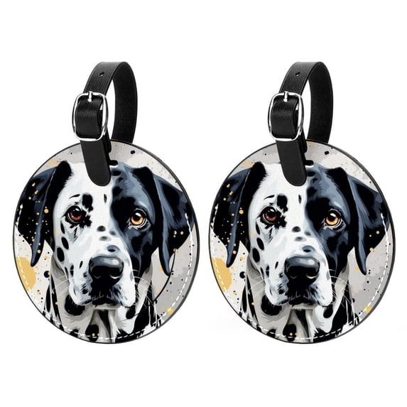 Spotted Dog Set of 2pcs PU Leather Round Suitcase Tags with Privacy Cover and Name ID Tag - Ideal for Travel Luggage, Handbags, Backpacks, School Bags