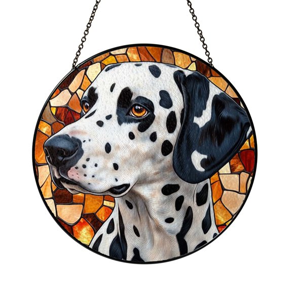 Spotted Dog Stained Glass Style Suncatcher Window Hanging, Playful Canine Round Glass Art Panel, Pet Inspired Decorative Window Decor