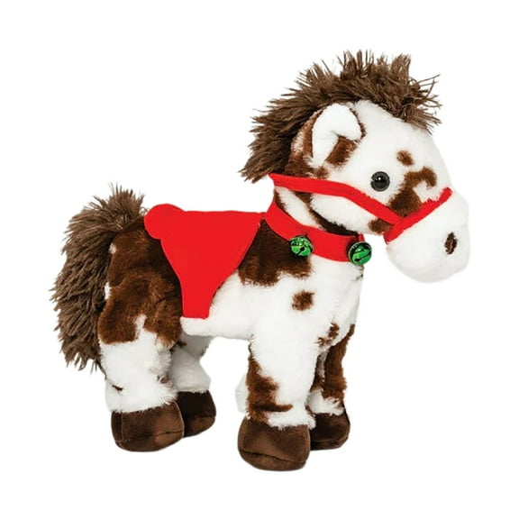 Spotted Electric Plush Horse,Interactive Brown-and-White Spotted Pony with Joyful Neighing Sounds,Soft Adorable Red Saddle with a Green Bell for Soft Fabric,Christmas Birthday Gifts(1PC)