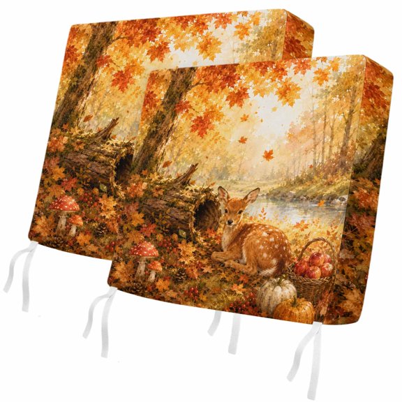 Spotted Fawn 2 Pcs Patio Cushion Covers, Forest Animal Pattern Pumpkin Orange Gold Maple Leaf Tree Waterproof Outdoor Cushion Cover, Replacement Washable Sofa Chair Seat Cover with Zipper 20"x18"x4"