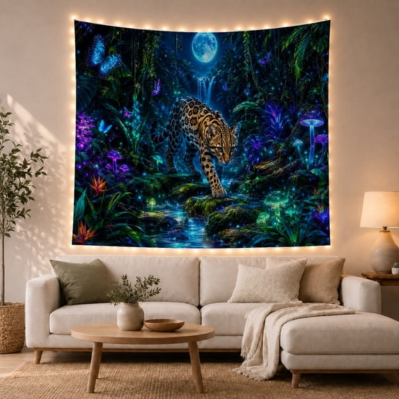 Spotted Jaguar in a Bioluminescent Tropical Jungle Mystical Fantasy for Nature Lovers Wildlife Wall Art Christmas Gift Tapestry Wall Hanging for Bedroom, Living Room and Dorm