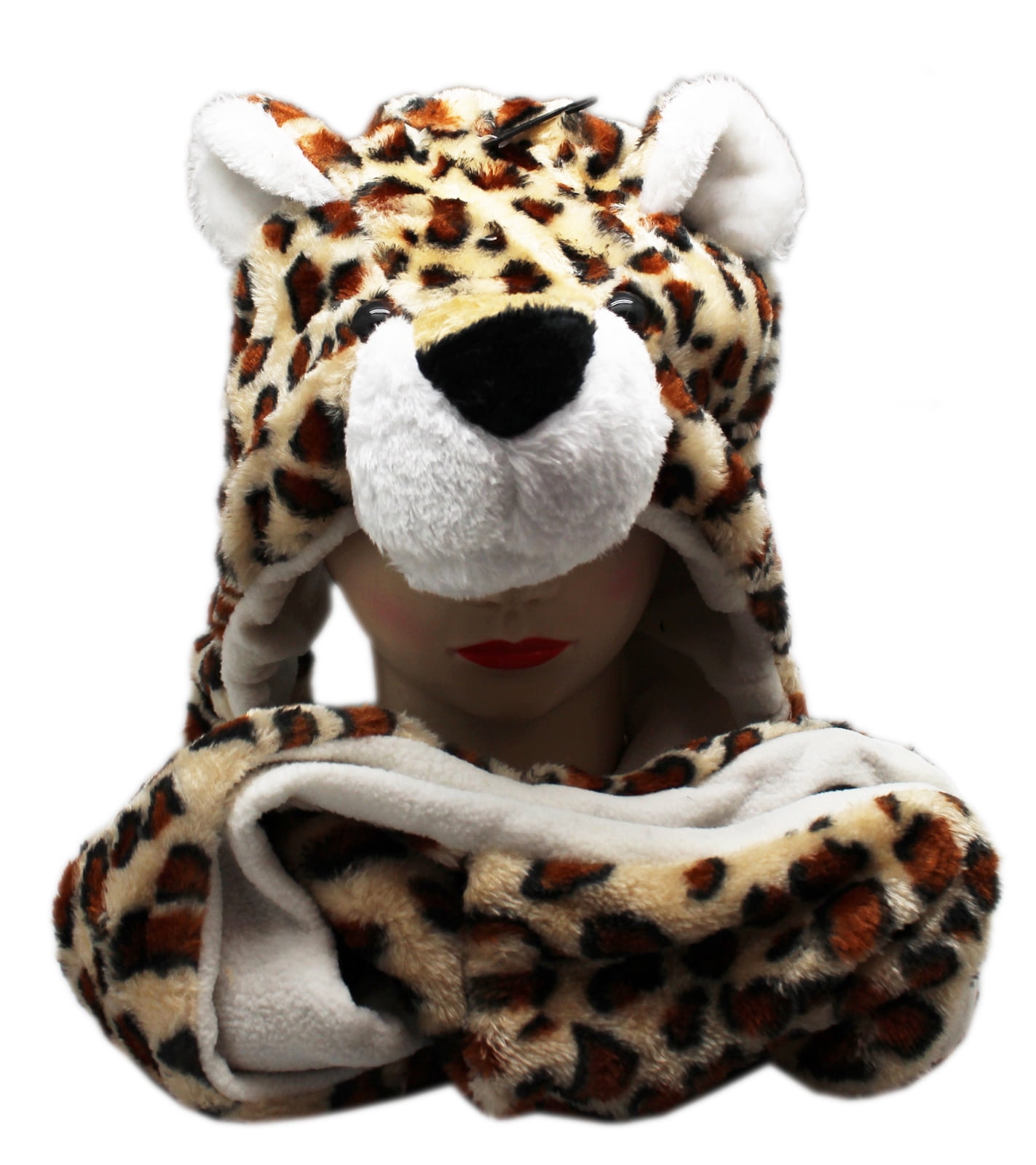 Spotted Jaguar Tan and White Colored Plush Hat w/Hanging Arm Mittens