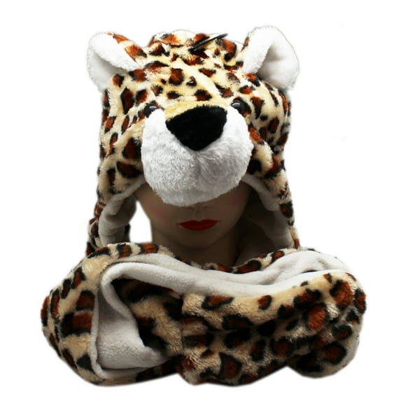 Spotted Jaguar Tan and White Colored Plush Hat w/Hanging Arm Mittens