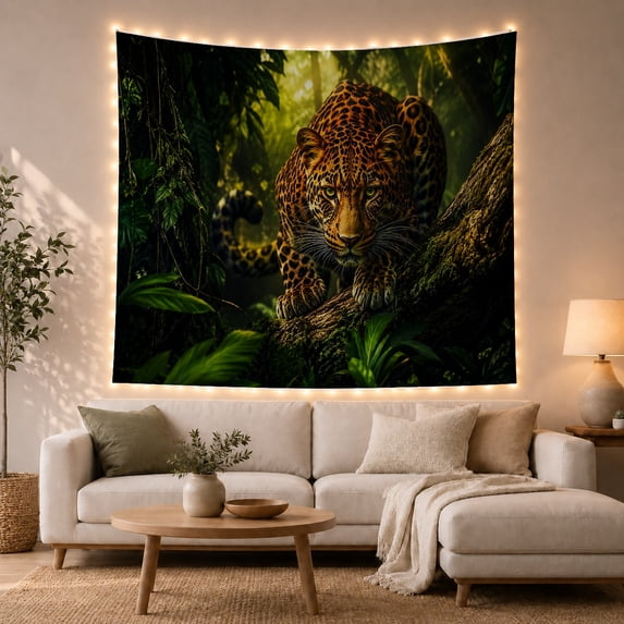 Spotted Leopard Crouching on Tree Trunk in Jungle, Dramatic Illustration for Wildlife Lovers, Nature Inspired Wall Art, Housewarming Gift, Tapestry Wall Hanging for Living Room and Bedroom