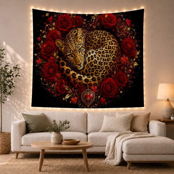 Spotted Leopard Curled Among Red Roses on a Black Background, Romantic Fantasy for Animal Lovers, Dark Floral Wall Art, Housewarming Gift, Tapestry Wall Hanging for Bedroom and Living Room