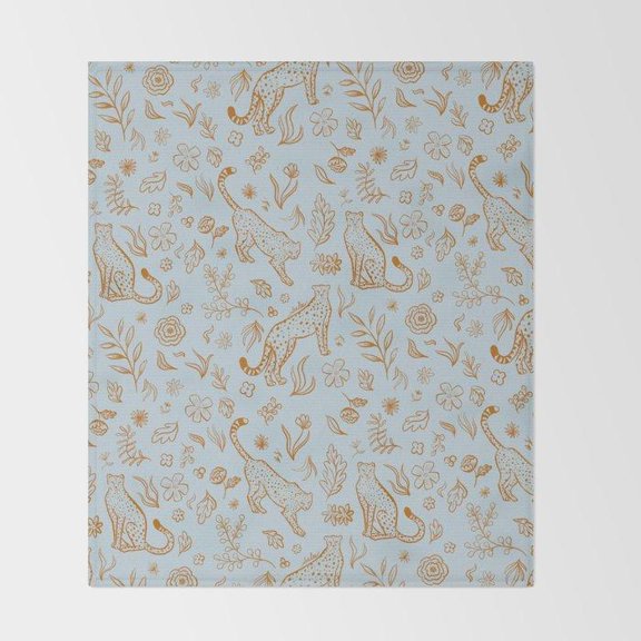 Spotted Leopard and Botanical Floral Light Blue Fleece Blanket, Polyester Fleece Fabric, 280 GSM