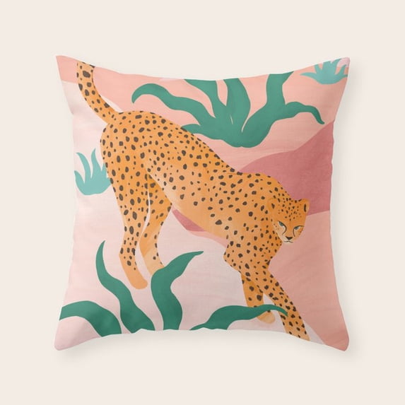 Spotted Leopard and Tropical Leaves Pink Envelope Throw Pillow Cover ...