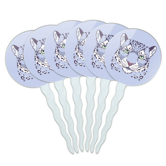 Spotted Snow Leopard Face Cupcake Picks Toppers Decoration Set of 6