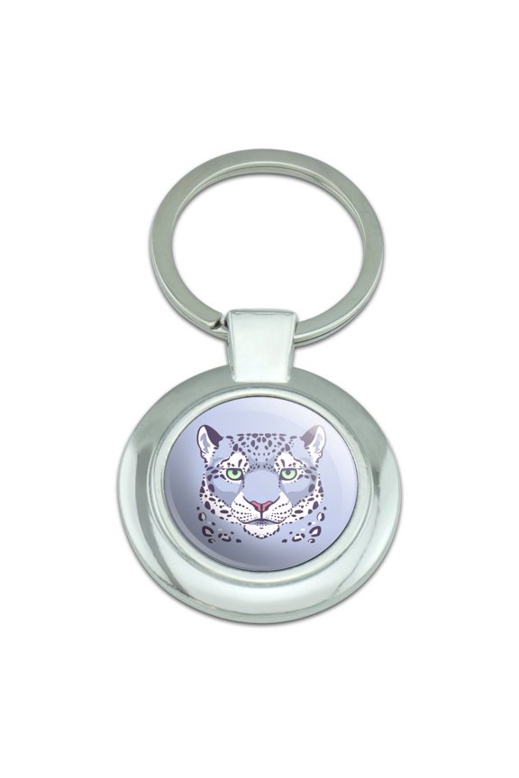 Spotted Snow Leopard Face Keychain Classy Round Chrome Plated Metal